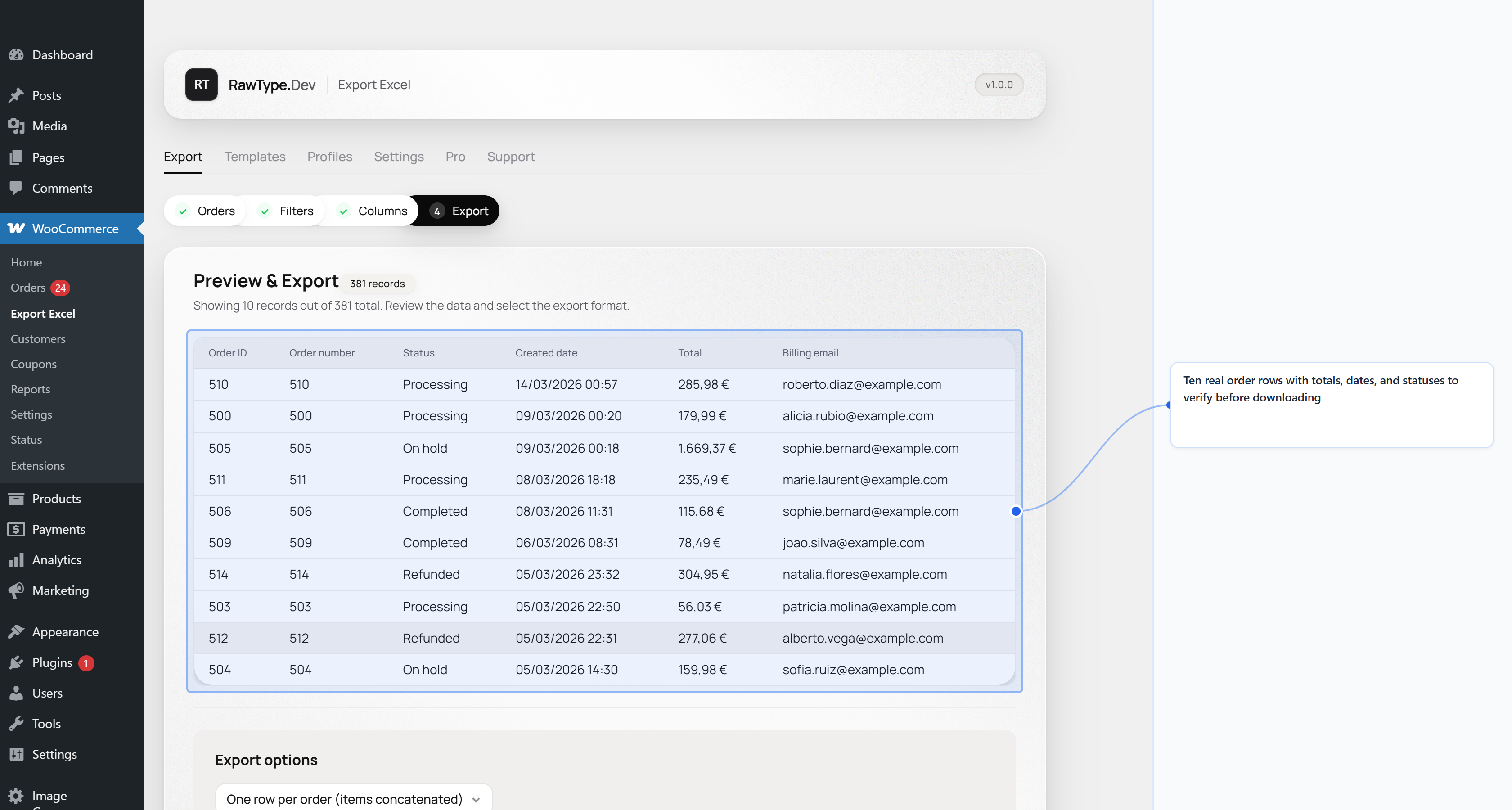 Preview de datos antes de exportar